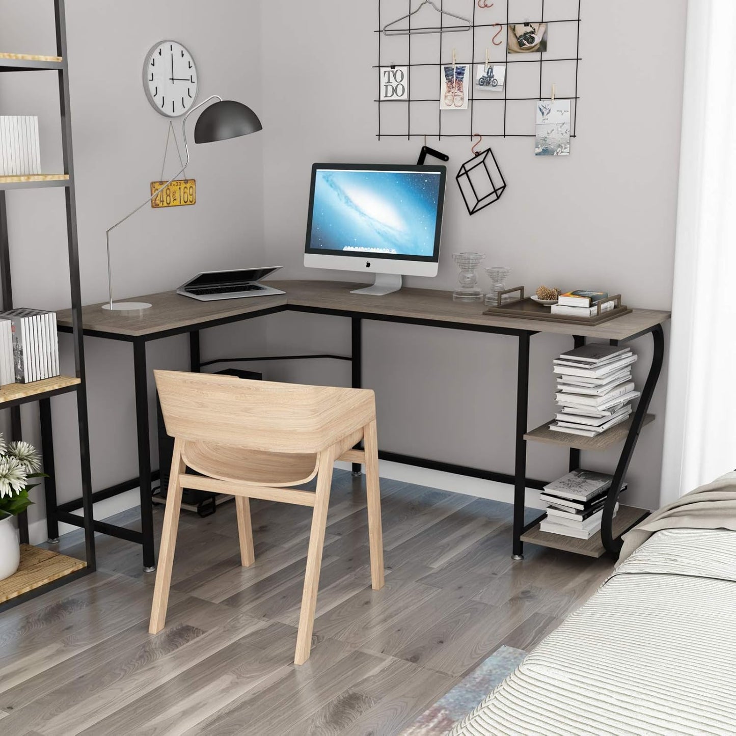 Reversible L Shaped Desk with Shelves Large Corner Computer Gaming Desks for Home Office Writing Workstation Wooden Table