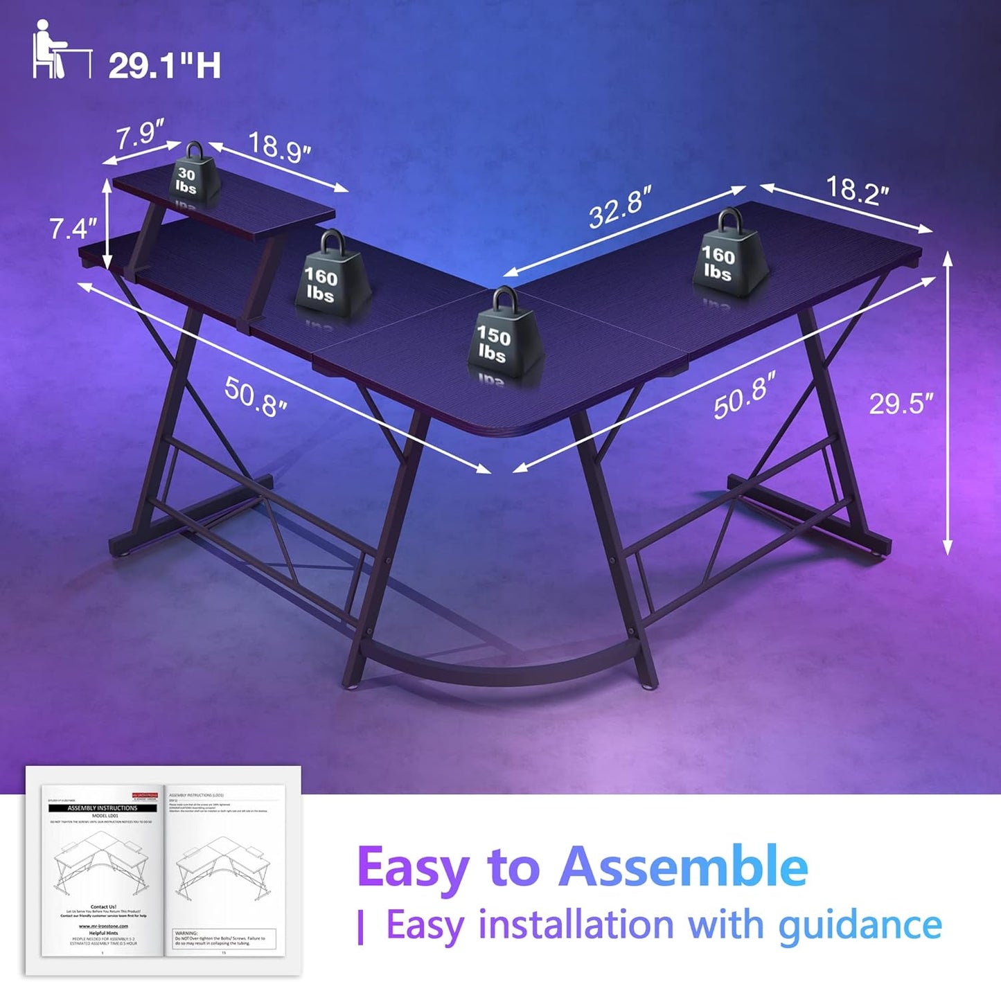 L Shaped Desk Computer Corner Desk, Home Gaming Desk, Office Writing Workstation with Large Monitor Stand, Easy to Assemble (White,51 Inch)