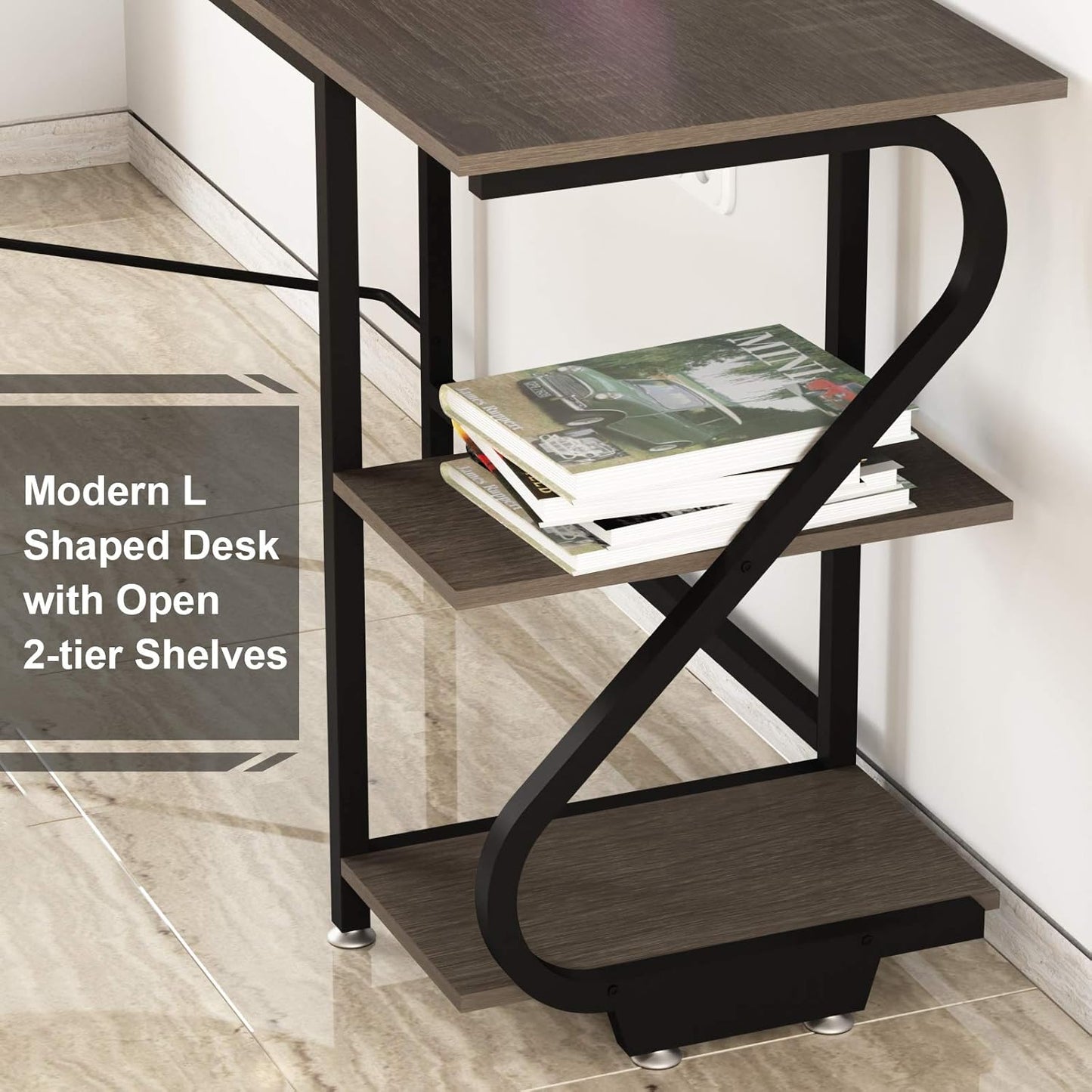 Reversible L Shaped Desk with Shelves Large Corner Computer Gaming Desks for Home Office Writing Workstation Wooden Table