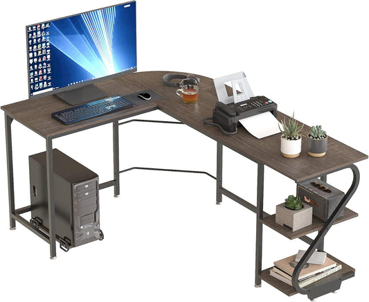 Reversible L Shaped Desk with Shelves Large Corner Computer Gaming Desks for Home Office Writing Workstation Wooden Table
